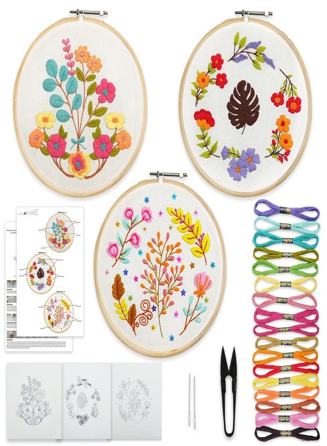 picknMAKE DIY Cross Stitch Hand Embroidery Kit For Beginners Adult, Kids with Pattern & Cloth, Multicolor Floral Design, Written Instructions, Embroidery Hoop & All Other Materials Included (Pack of 3 Kits) - Image 1
